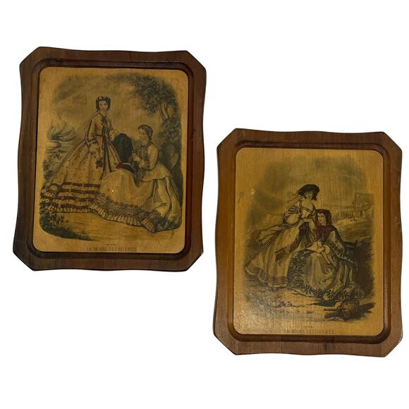 Vintage Set of 2 La Mode Illustree by Leroy Paru Wooden Pictures Wall Decor - Picture 1 of 4